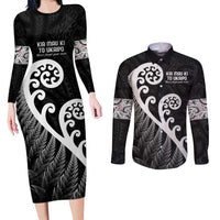 Kia Mau Ki To Ukaipo Couples Matching Long Sleeve Bodycon Dress and Long Sleeve Button Shirt Te Reo Maori Koru Fern Art LT9 Black - Polynesian Pride