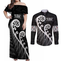 Kia Mau Ki To Ukaipo Couples Matching Off Shoulder Maxi Dress and Long Sleeve Button Shirt Te Reo Maori Koru Fern Art LT9 Black - Polynesian Pride