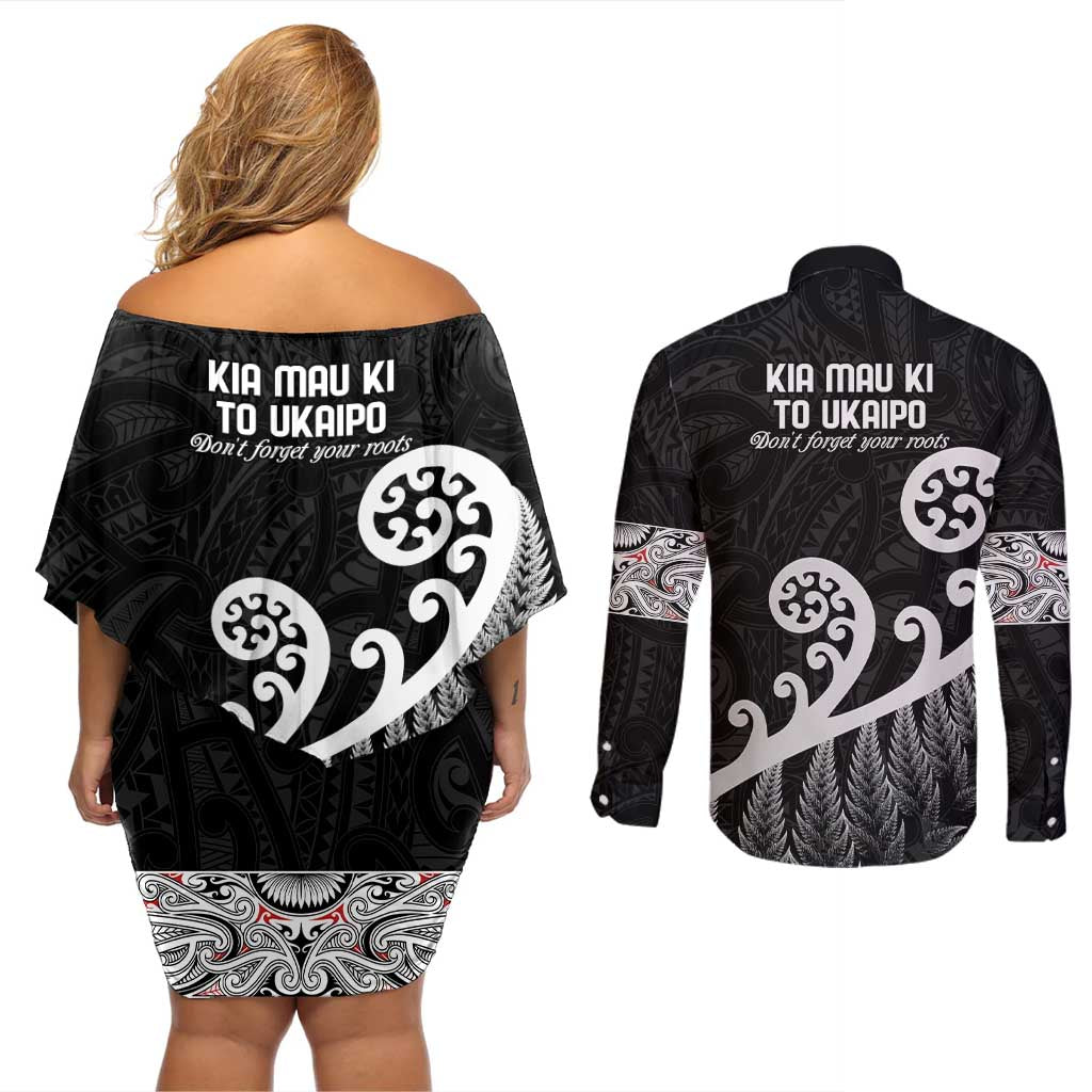 Kia Mau Ki To Ukaipo Couples Matching Off Shoulder Short Dress and Long Sleeve Button Shirt Te Reo Maori Koru Fern Art LT9 - Polynesian Pride
