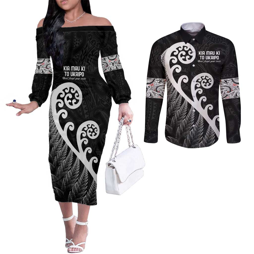 Kia Mau Ki To Ukaipo Couples Matching Off The Shoulder Long Sleeve Dress and Long Sleeve Button Shirt Te Reo Maori Koru Fern Art LT9 Black - Polynesian Pride