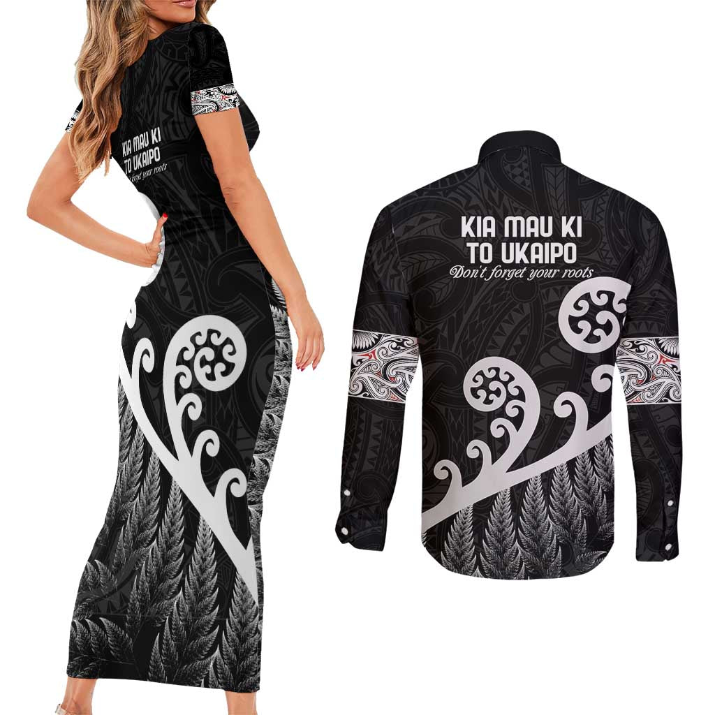 Kia Mau Ki To Ukaipo Couples Matching Short Sleeve Bodycon Dress and Long Sleeve Button Shirt Te Reo Maori Koru Fern Art LT9 - Polynesian Pride