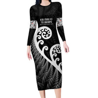 Kia Mau Ki To Ukaipo Long Sleeve Bodycon Dress Te Reo Maori Koru Fern Art LT9 Long Dress Black - Polynesian Pride