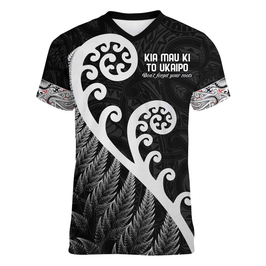 Kia Mau Ki To Ukaipo Women V-Neck T-Shirt Te Reo Maori Koru Fern Art LT9 Female Black - Polynesian Pride