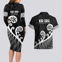 Kia Ora Maori Language Couples Matching Long Sleeve Bodycon Dress and Hawaiian Shirt Te Reo Maori Koru Fern Art LT9 - Polynesian Pride