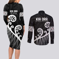 Kia Ora Maori Language Couples Matching Long Sleeve Bodycon Dress and Long Sleeve Button Shirt Te Reo Maori Koru Fern Art LT9 - Polynesian Pride