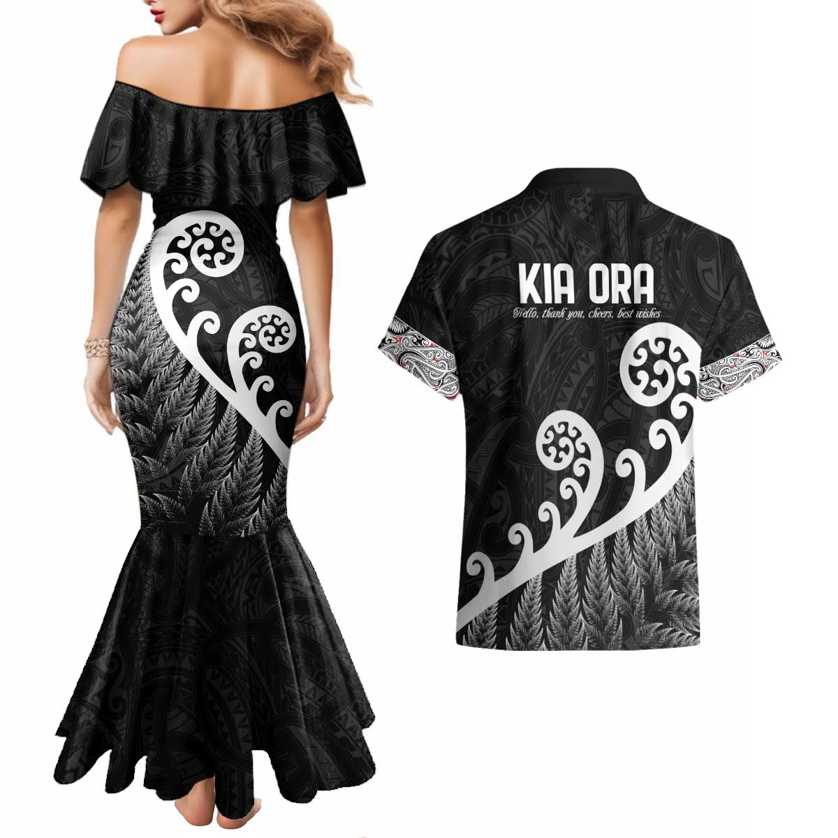 Kia Ora Maori Language Couples Matching Mermaid Dress and Hawaiian Shirt Te Reo Maori Koru Fern Art LT9 - Polynesian Pride