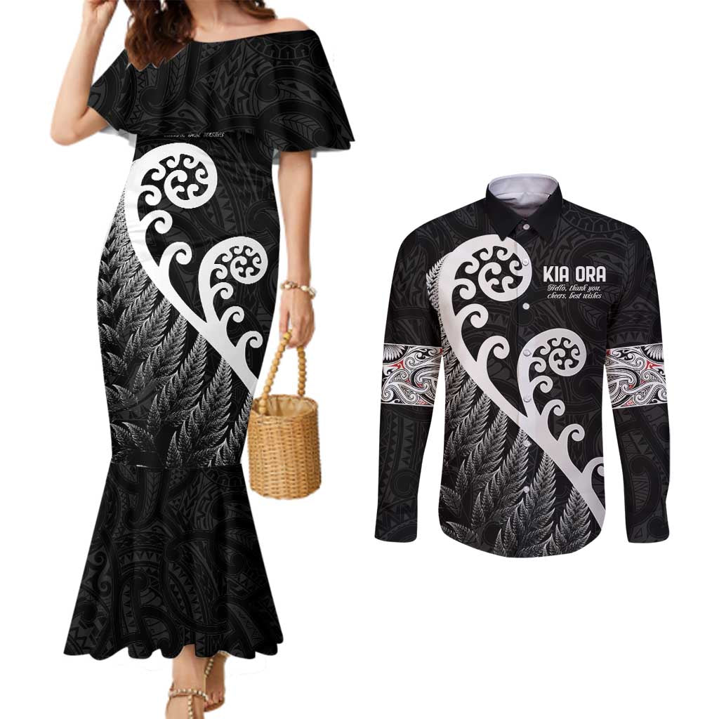 Kia Ora Maori Language Couples Matching Mermaid Dress and Long Sleeve Button Shirt Te Reo Maori Koru Fern Art LT9 Black - Polynesian Pride