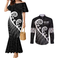 Kia Ora Maori Language Couples Matching Mermaid Dress and Long Sleeve Button Shirt Te Reo Maori Koru Fern Art LT9 Black - Polynesian Pride