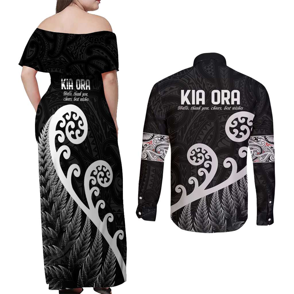 Kia Ora Maori Language Couples Matching Off Shoulder Maxi Dress and Long Sleeve Button Shirt Te Reo Maori Koru Fern Art LT9 - Polynesian Pride