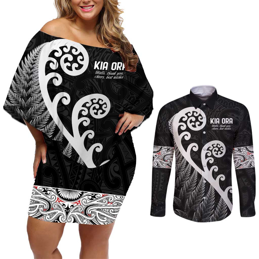 Kia Ora Maori Language Couples Matching Off Shoulder Short Dress and Long Sleeve Button Shirt Te Reo Maori Koru Fern Art LT9 Black - Polynesian Pride