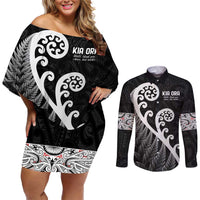 Kia Ora Maori Language Couples Matching Off Shoulder Short Dress and Long Sleeve Button Shirt Te Reo Maori Koru Fern Art LT9 Black - Polynesian Pride