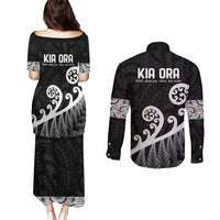 Kia Ora Maori Language Couples Matching Puletasi and Long Sleeve Button Shirt Te Reo Maori Koru Fern Art LT9 - Polynesian Pride