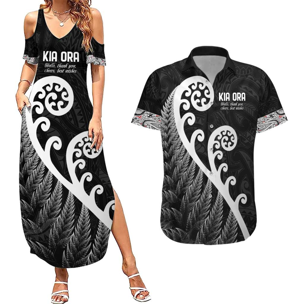 Kia Ora Maori Language Couples Matching Summer Maxi Dress and Hawaiian Shirt Te Reo Maori Koru Fern Art LT9 Black - Polynesian Pride