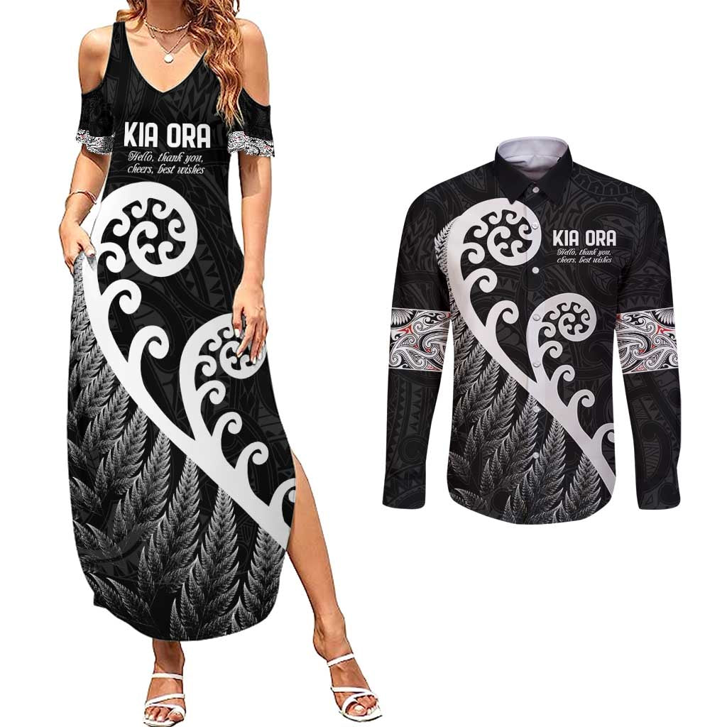 Kia Ora Maori Language Couples Matching Summer Maxi Dress and Long Sleeve Button Shirt Te Reo Maori Koru Fern Art LT9 Black - Polynesian Pride