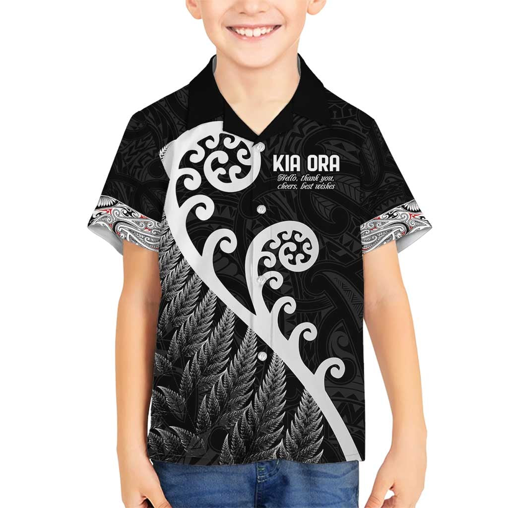 Kia Ora Maori Language Family Matching Long Sleeve Bodycon Dress and Hawaiian Shirt Te Reo Maori Koru Fern Art LT9 Son's Shirt Black - Polynesian Pride