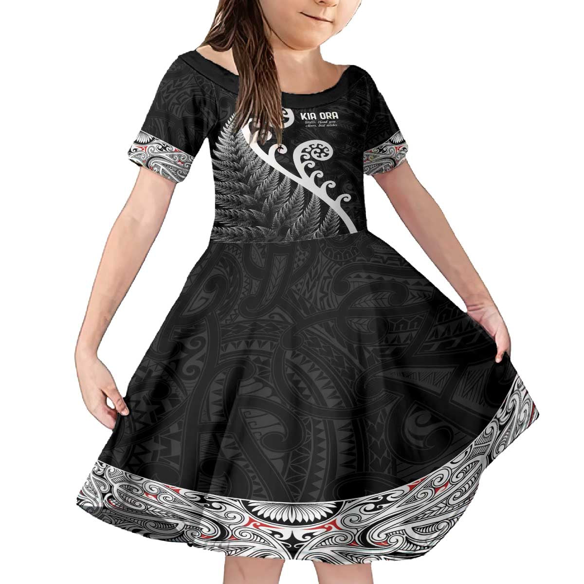 Kia Ora Maori Language Family Matching Off The Shoulder Long Sleeve Dress and Hawaiian Shirt Te Reo Maori Koru Fern Art LT9 Daughter's Dress Black - Polynesian Pride