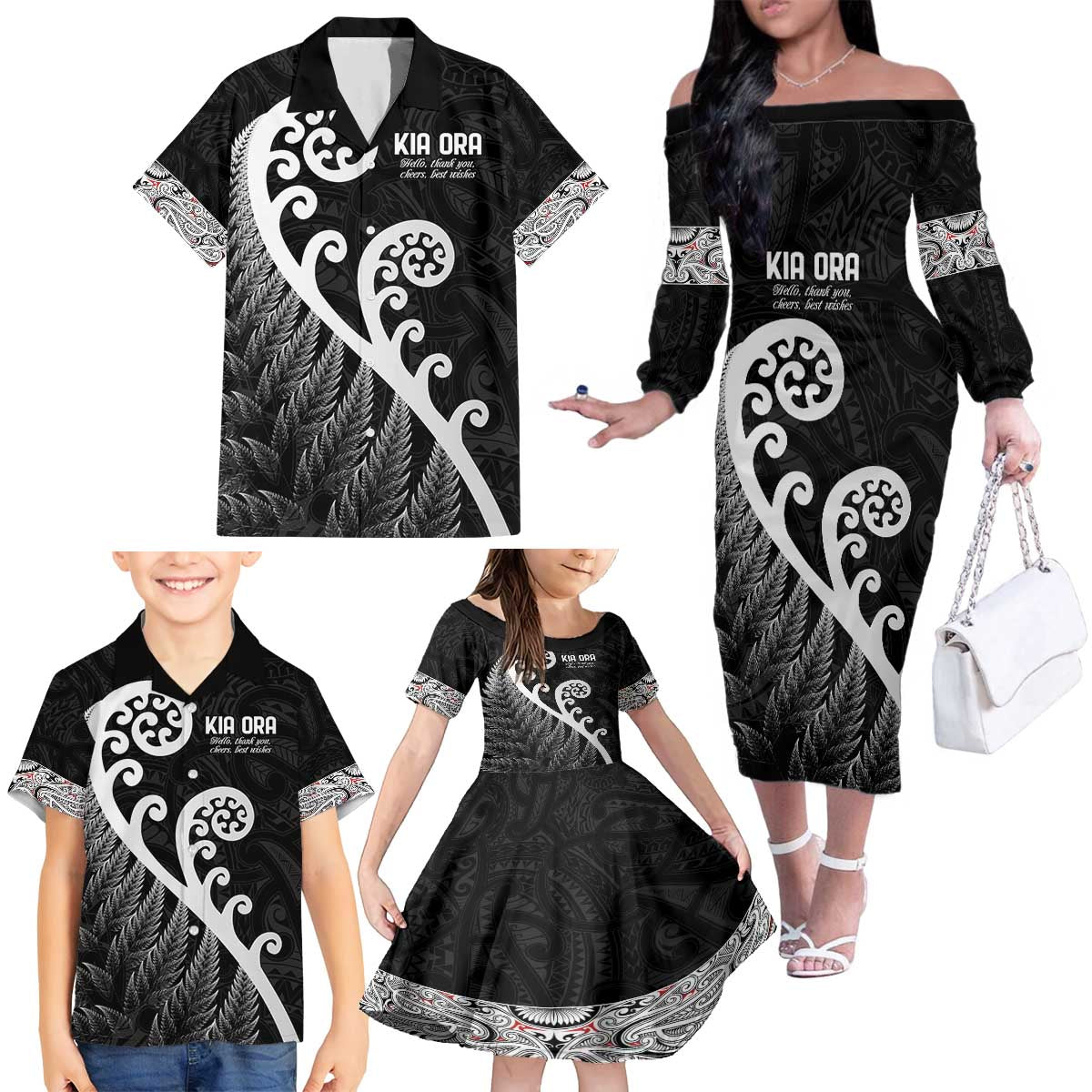 Kia Ora Maori Language Family Matching Off The Shoulder Long Sleeve Dress and Hawaiian Shirt Te Reo Maori Koru Fern Art LT9 - Polynesian Pride