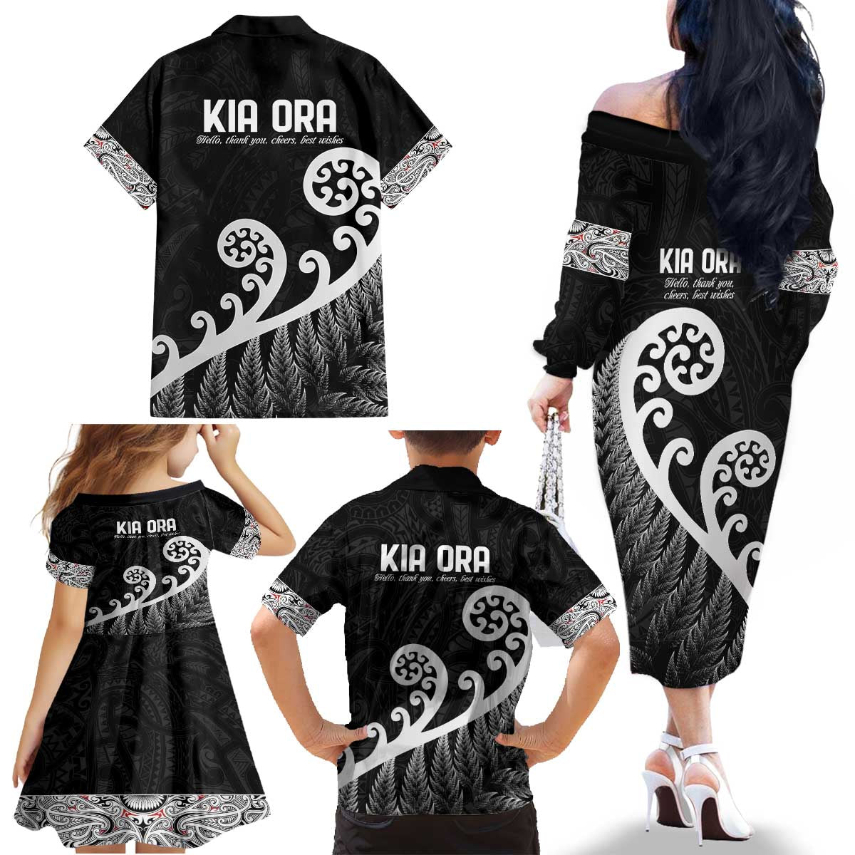 Kia Ora Maori Language Family Matching Off The Shoulder Long Sleeve Dress and Hawaiian Shirt Te Reo Maori Koru Fern Art LT9 - Polynesian Pride