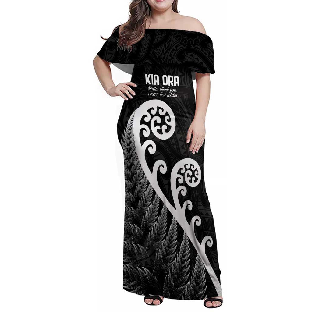 Kia Ora Maori Language Family Matching Off Shoulder Maxi Dress and Hawaiian Shirt Te Reo Maori Koru Fern Art LT9 Mom's Dress Black - Polynesian Pride