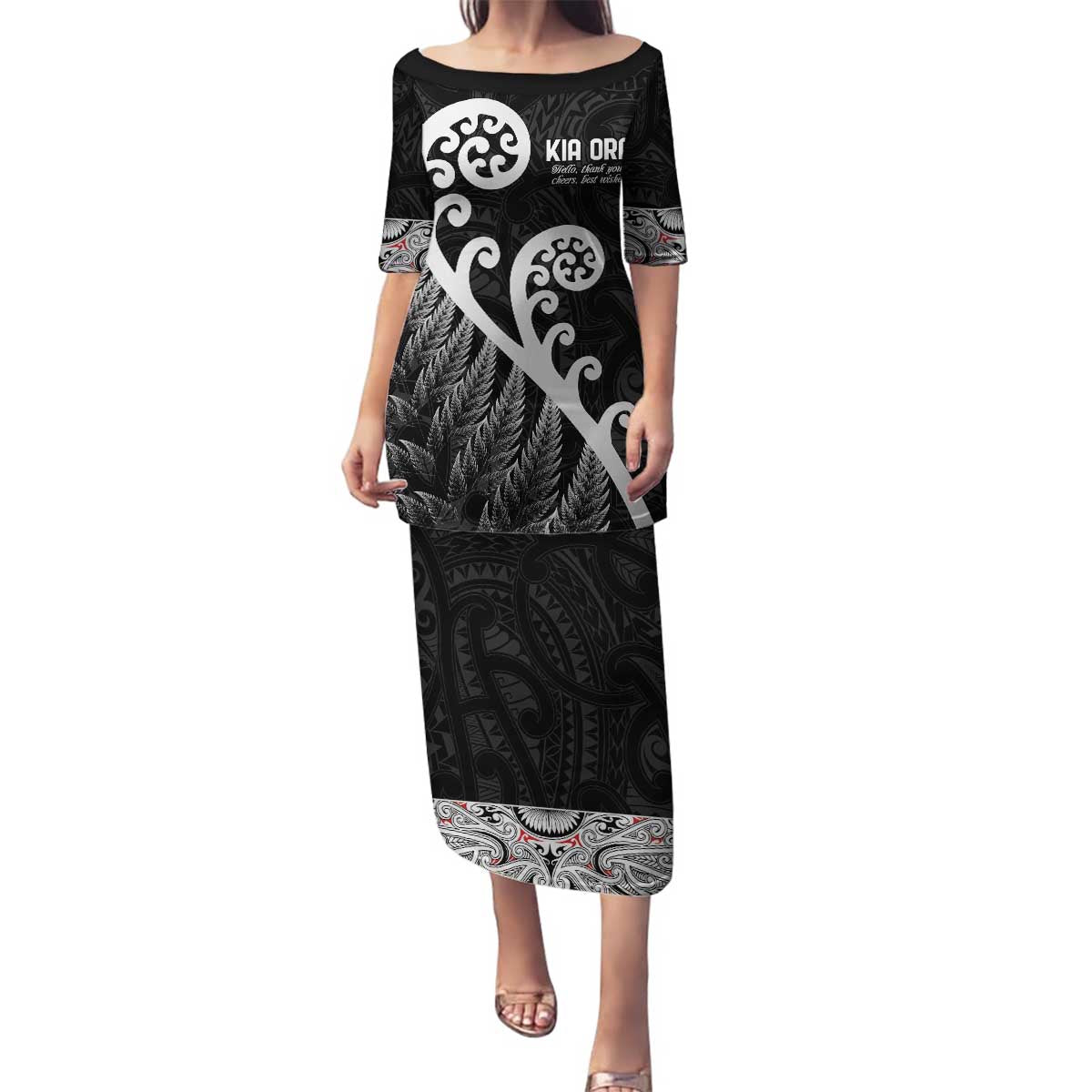 Kia Ora Maori Language Family Matching Puletasi and Hawaiian Shirt Te Reo Maori Koru Fern Art LT9 Mom's Dress Black - Polynesian Pride