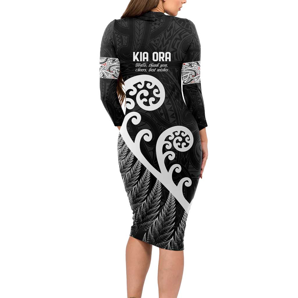 Kia Ora Maori Language Long Sleeve Bodycon Dress Te Reo Maori Koru Fern Art LT9 - Polynesian Pride