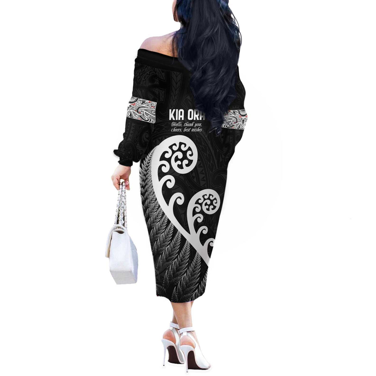 Kia Ora Maori Language Off The Shoulder Long Sleeve Dress Te Reo Maori Koru Fern Art LT9 - Polynesian Pride