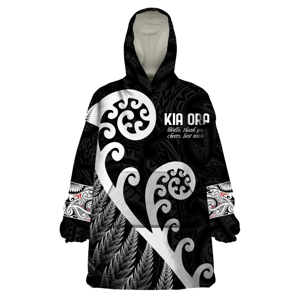 Kia Ora Maori Language Wearable Blanket Hoodie Te Reo Maori Koru Fern Art LT9 One Size Black - Polynesian Pride