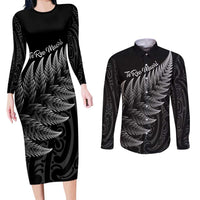 New Zealand Te Reo Mori Couples Matching Long Sleeve Bodycon Dress and Long Sleeve Button Shirt Simple Black Fern LT9 Black - Polynesian Pride