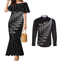 New Zealand Te Reo Mori Couples Matching Mermaid Dress and Long Sleeve Button Shirt Simple Black Fern LT9 Black - Polynesian Pride