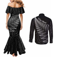 New Zealand Te Reo Mori Couples Matching Mermaid Dress and Long Sleeve Button Shirt Simple Black Fern LT9 - Polynesian Pride