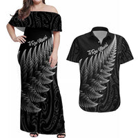 New Zealand Te Reo Mori Couples Matching Off Shoulder Maxi Dress and Hawaiian Shirt Simple Black Fern LT9 Black - Polynesian Pride