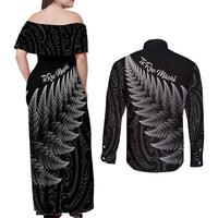 New Zealand Te Reo Mori Couples Matching Off Shoulder Maxi Dress and Long Sleeve Button Shirt Simple Black Fern LT9 - Polynesian Pride