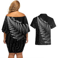 New Zealand Te Reo Mori Couples Matching Off Shoulder Short Dress and Hawaiian Shirt Simple Black Fern LT9 - Polynesian Pride