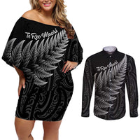 New Zealand Te Reo Mori Couples Matching Off Shoulder Short Dress and Long Sleeve Button Shirt Simple Black Fern LT9 Black - Polynesian Pride