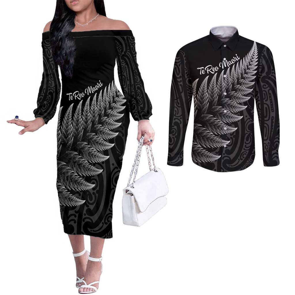 New Zealand Te Reo Mori Couples Matching Off The Shoulder Long Sleeve Dress and Long Sleeve Button Shirt Simple Black Fern LT9 Black - Polynesian Pride