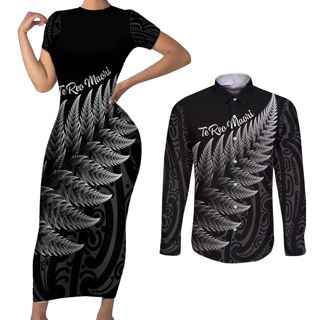 New Zealand Te Reo Mori Couples Matching Short Sleeve Bodycon Dress and Long Sleeve Button Shirt Simple Black Fern LT9 Black - Polynesian Pride