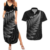New Zealand Te Reo Mori Couples Matching Summer Maxi Dress and Hawaiian Shirt Simple Black Fern LT9 Black - Polynesian Pride