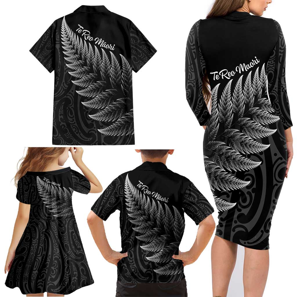 New Zealand Te Reo Mori Family Matching Long Sleeve Bodycon Dress and Hawaiian Shirt Simple Black Fern LT9 - Polynesian Pride