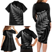New Zealand Te Reo Mori Family Matching Long Sleeve Bodycon Dress and Hawaiian Shirt Simple Black Fern LT9 - Polynesian Pride