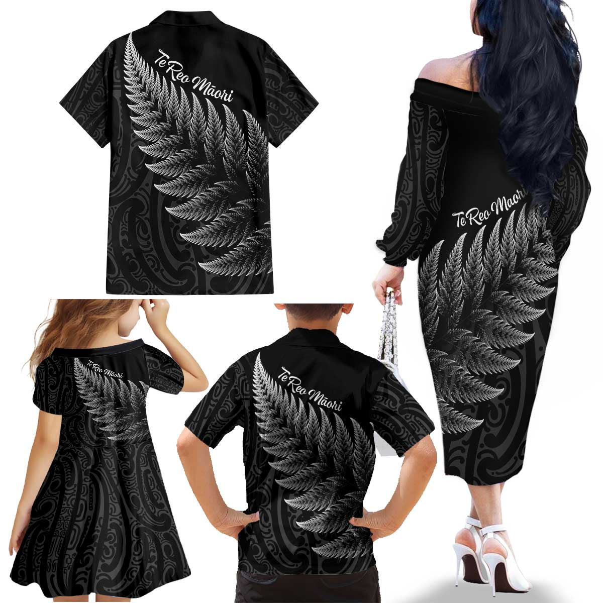 New Zealand Te Reo Mori Family Matching Off The Shoulder Long Sleeve Dress and Hawaiian Shirt Simple Black Fern LT9 - Polynesian Pride
