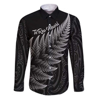 New Zealand Te Reo Mori Family Matching Off The Shoulder Long Sleeve Dress and Hawaiian Shirt Simple Black Fern LT9 Dad's Shirt - Long Sleeve Black - Polynesian Pride