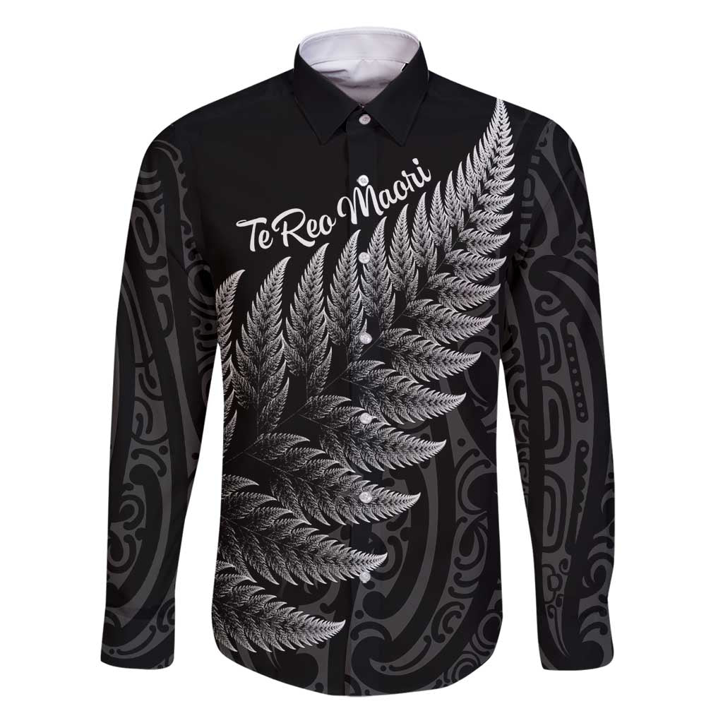 New Zealand Te Reo Mori Family Matching Summer Maxi Dress and Hawaiian Shirt Simple Black Fern LT9 Dad's Shirt - Long Sleeve Black - Polynesian Pride
