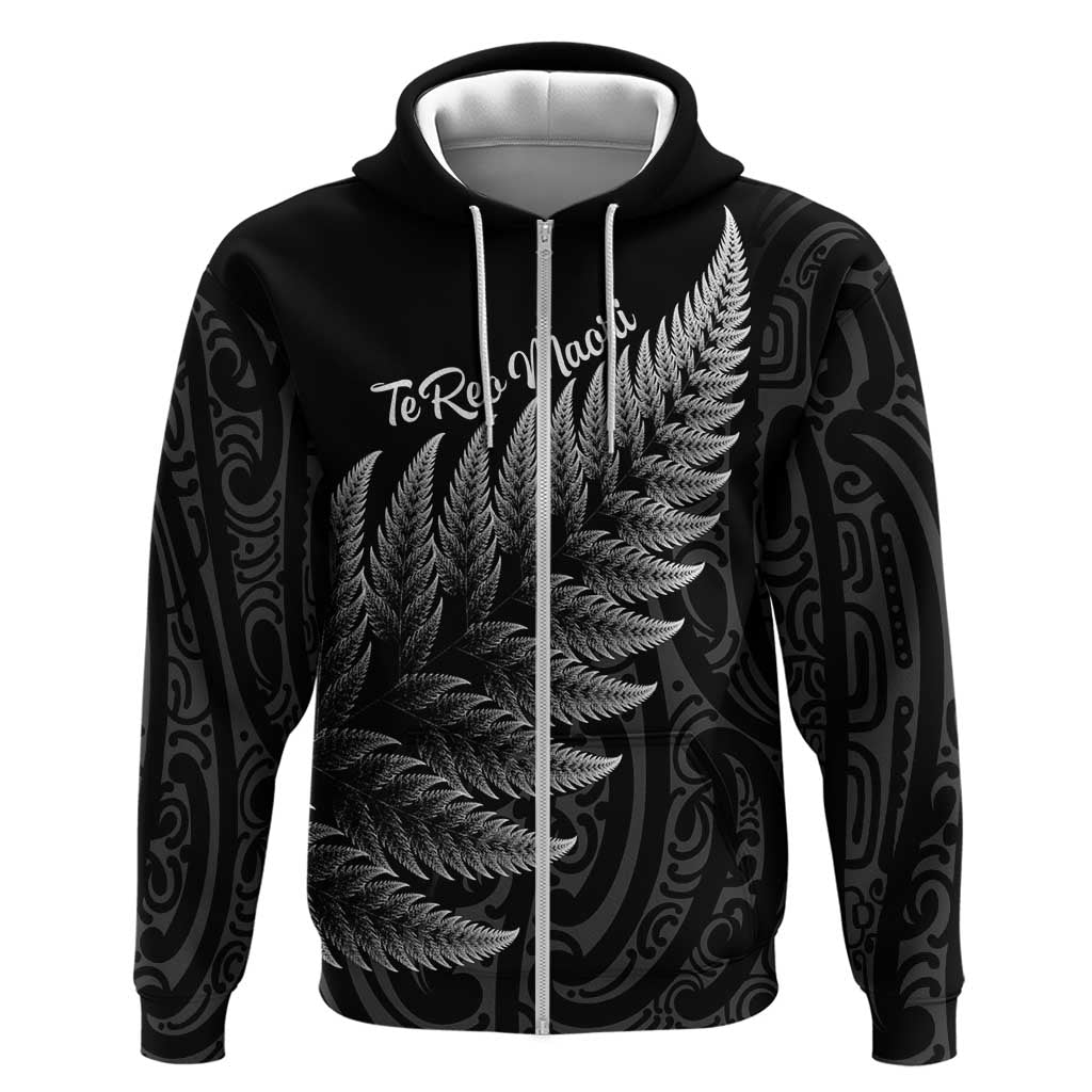 New Zealand Te Reo Mori Hoodie Simple Black Fern LT9 Zip Hoodie Black - Polynesian Pride