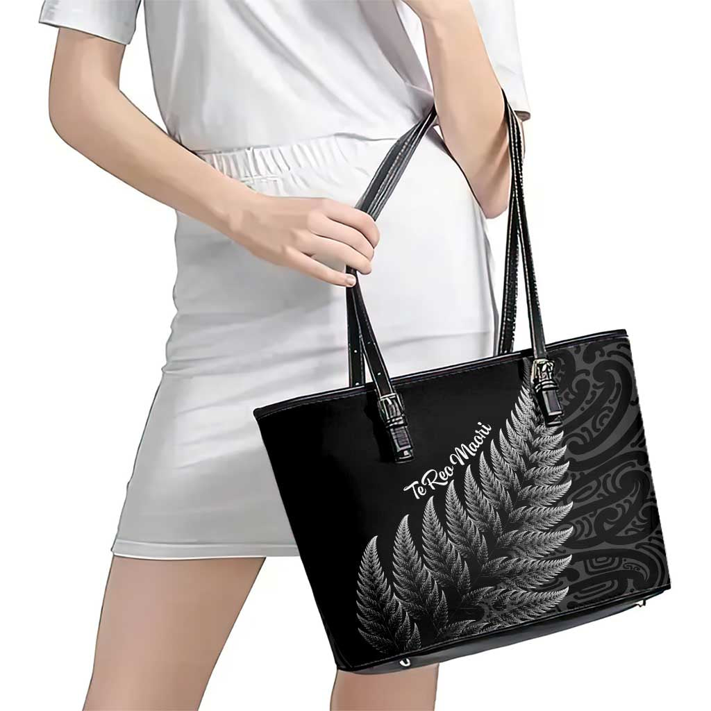 New Zealand Te Reo Mori Leather Tote Bag Simple Black Fern LT9 - Polynesian Pride
