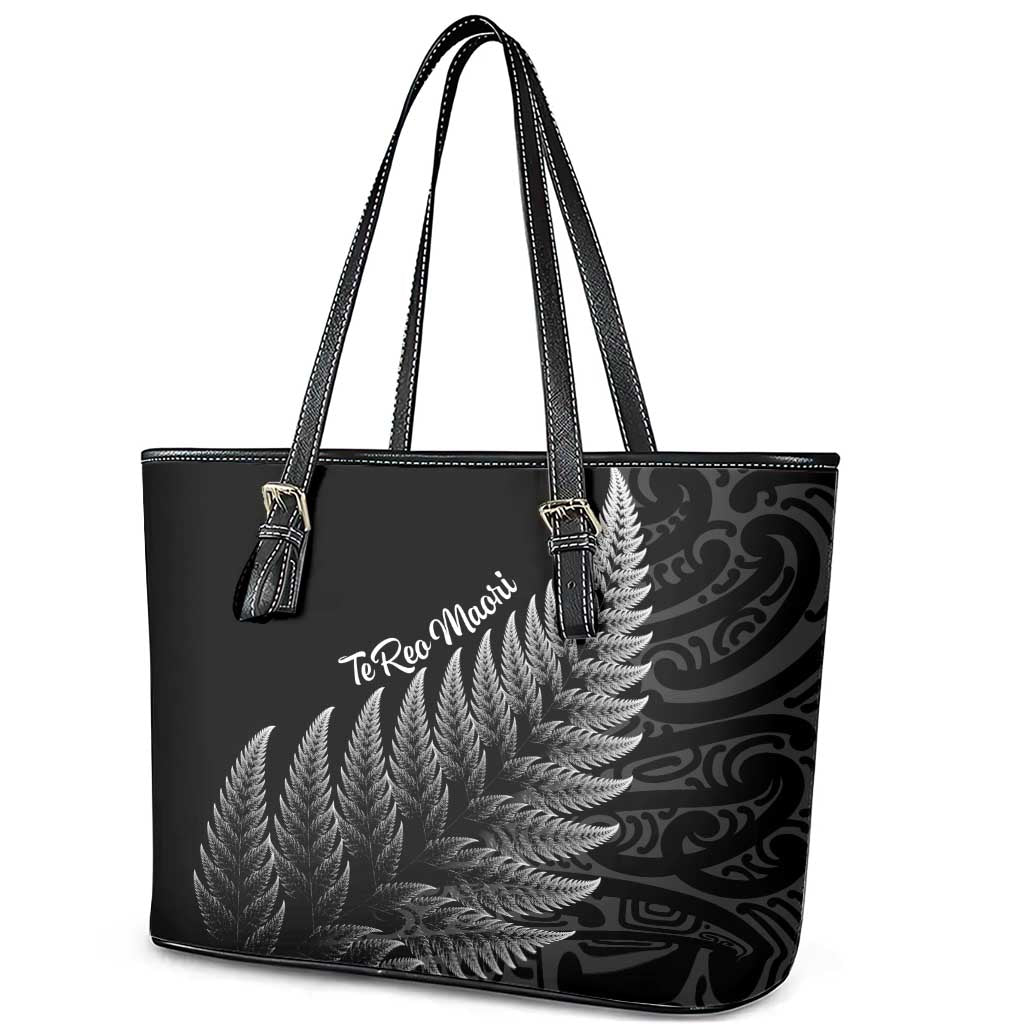 New Zealand Te Reo Mori Leather Tote Bag Simple Black Fern LT9 - Polynesian Pride