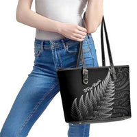 New Zealand Te Reo Mori Leather Tote Bag Simple Black Fern LT9 - Polynesian Pride