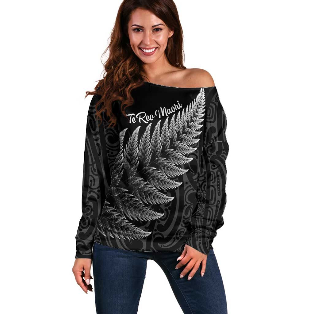 New Zealand Te Reo Mori Off Shoulder Sweater Simple Black Fern LT9 Women Black - Polynesian Pride