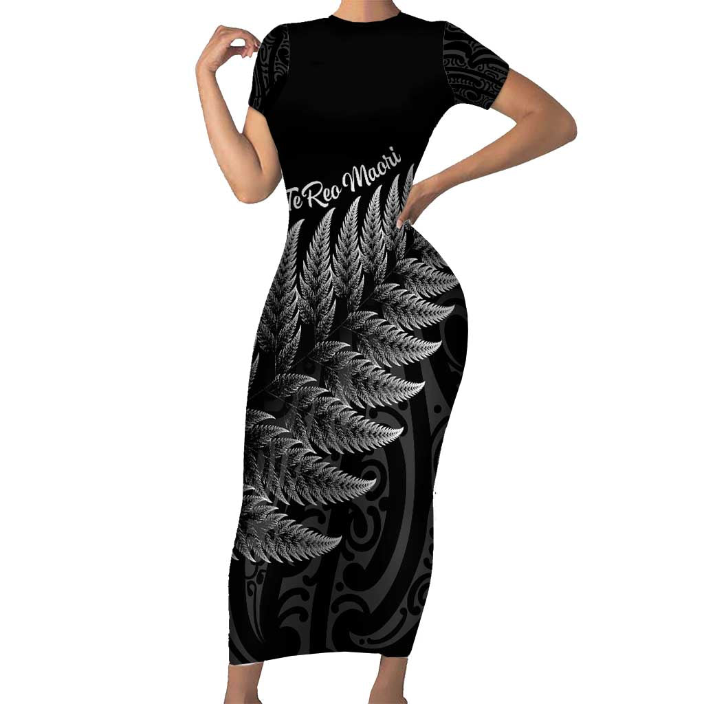 New Zealand Te Reo Mori Short Sleeve Bodycon Dress Simple Black Fern LT9 Long Dress Black - Polynesian Pride