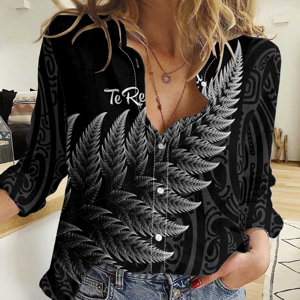 New Zealand Te Reo Mori Women Casual Shirt Simple Black Fern LT9 Female Black - Polynesian Pride
