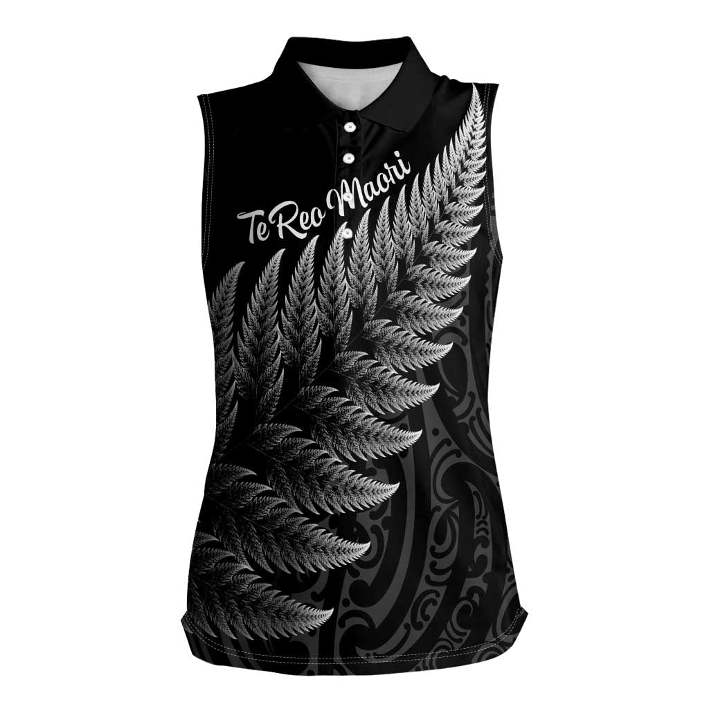 New Zealand Te Reo Mori Women Sleeveless Polo Shirt Simple Black Fern LT9 Female Black - Polynesian Pride